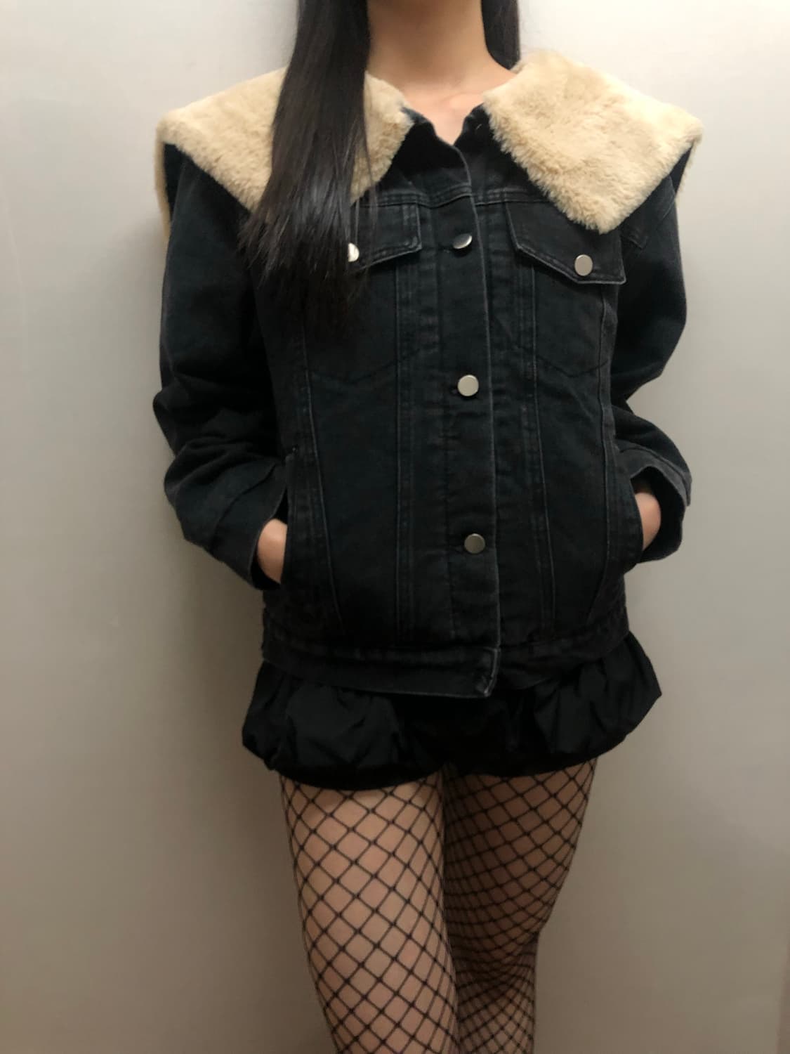 빈티지 블랙 데님 퍼 카라 자켓 상품이미지6