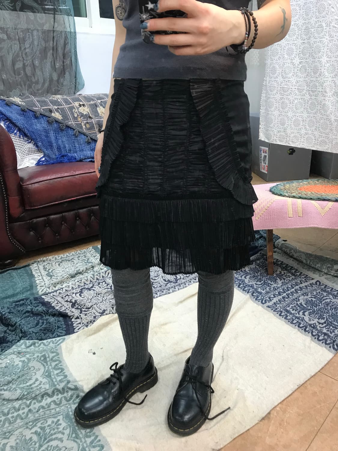 여성 발레코어 블랙 플리츠 셔링 미니스커트  상품이미지1