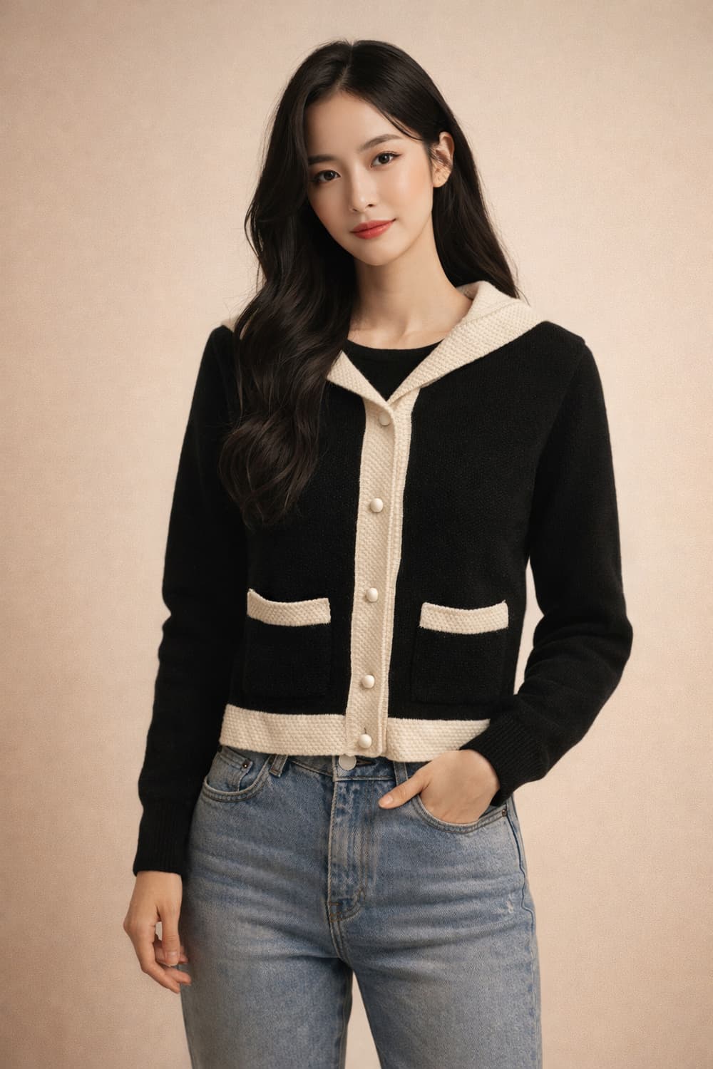 엔오르(EN OR) 배색 세일러 칼라 울 캐시미어 가디건 상품이미지1