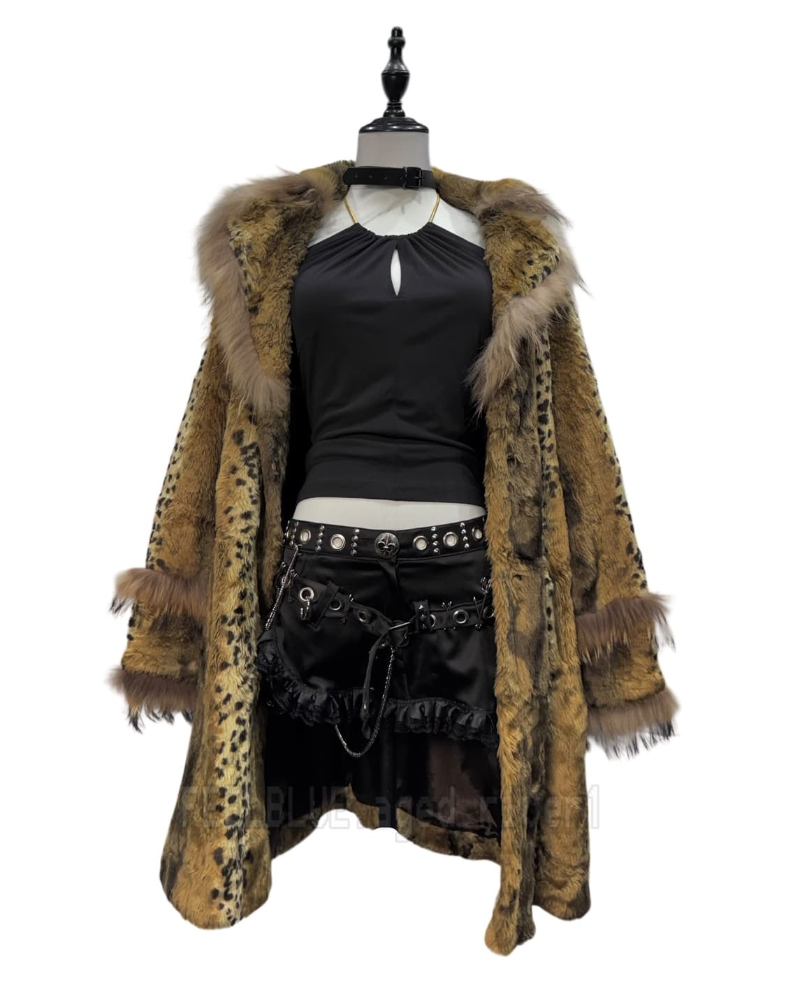 Halter Slip Top Leopard Fur Coat 2pcs 상품이미지3