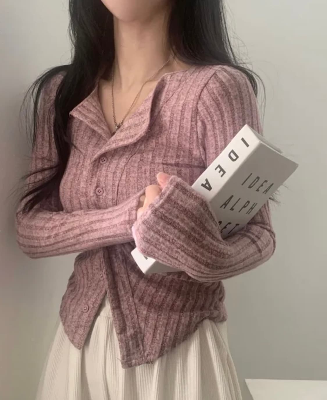 (새상품) 보들 여리 셔링 골지 카라 단추 긴팔니트 가디건 핑크 FREE 상품이미지1