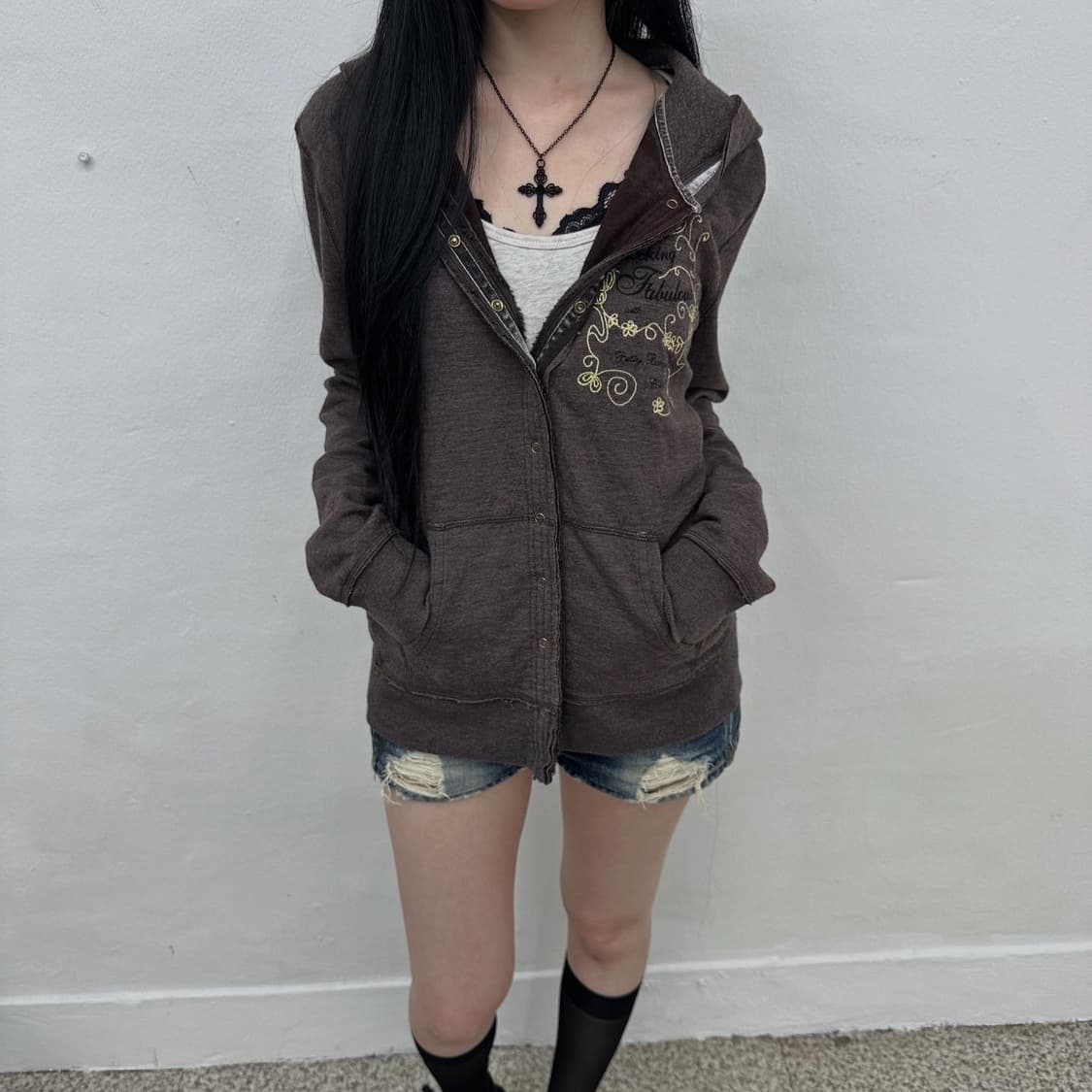 brown y2k emboridery snap hoodie 상품이미지1