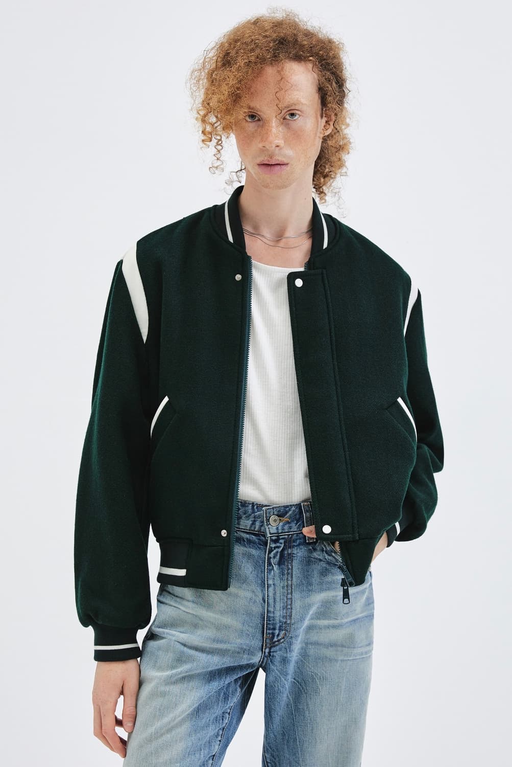 [새상품] 44) 엘무드 프레피 스타디움 바시티 재킷 딥 그린 상품이미지1