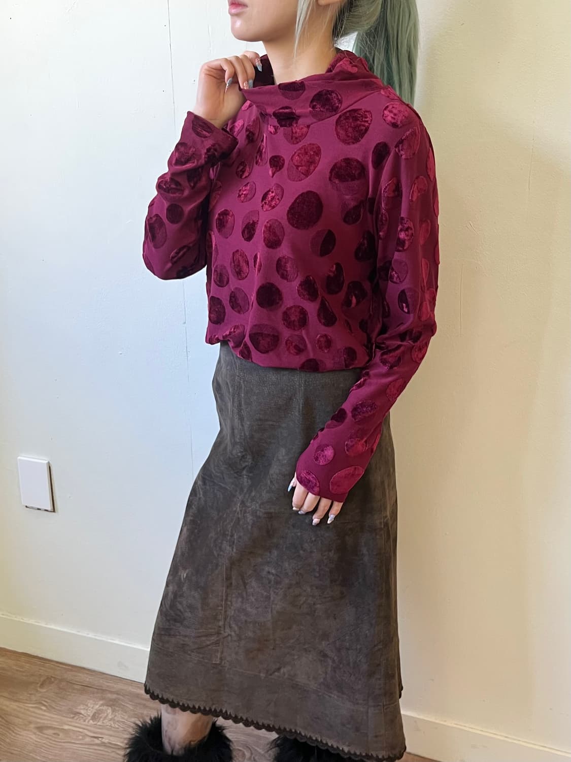 japan vtg 도트 로즈벨벳 터틀넥 상품이미지4