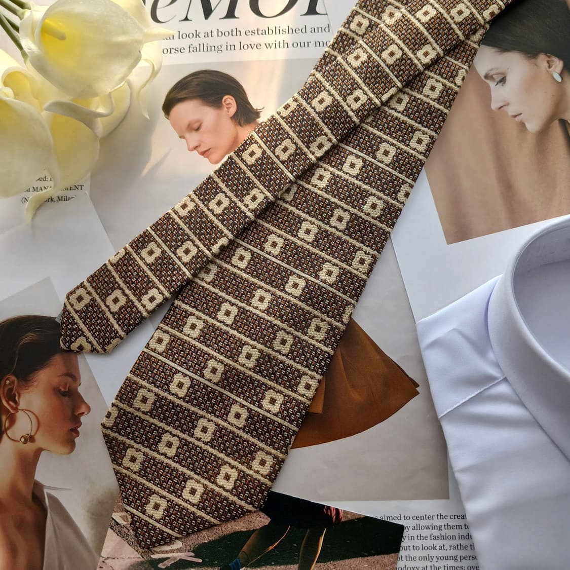 아쿠아스큐텀 실크 베이지 기하 패턴 넥타이 9.6cm A등급 A18793 상품이미지3