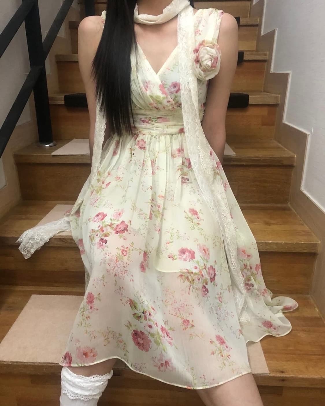 빈티지 화이트 플라워 롱 원피스 상품이미지1