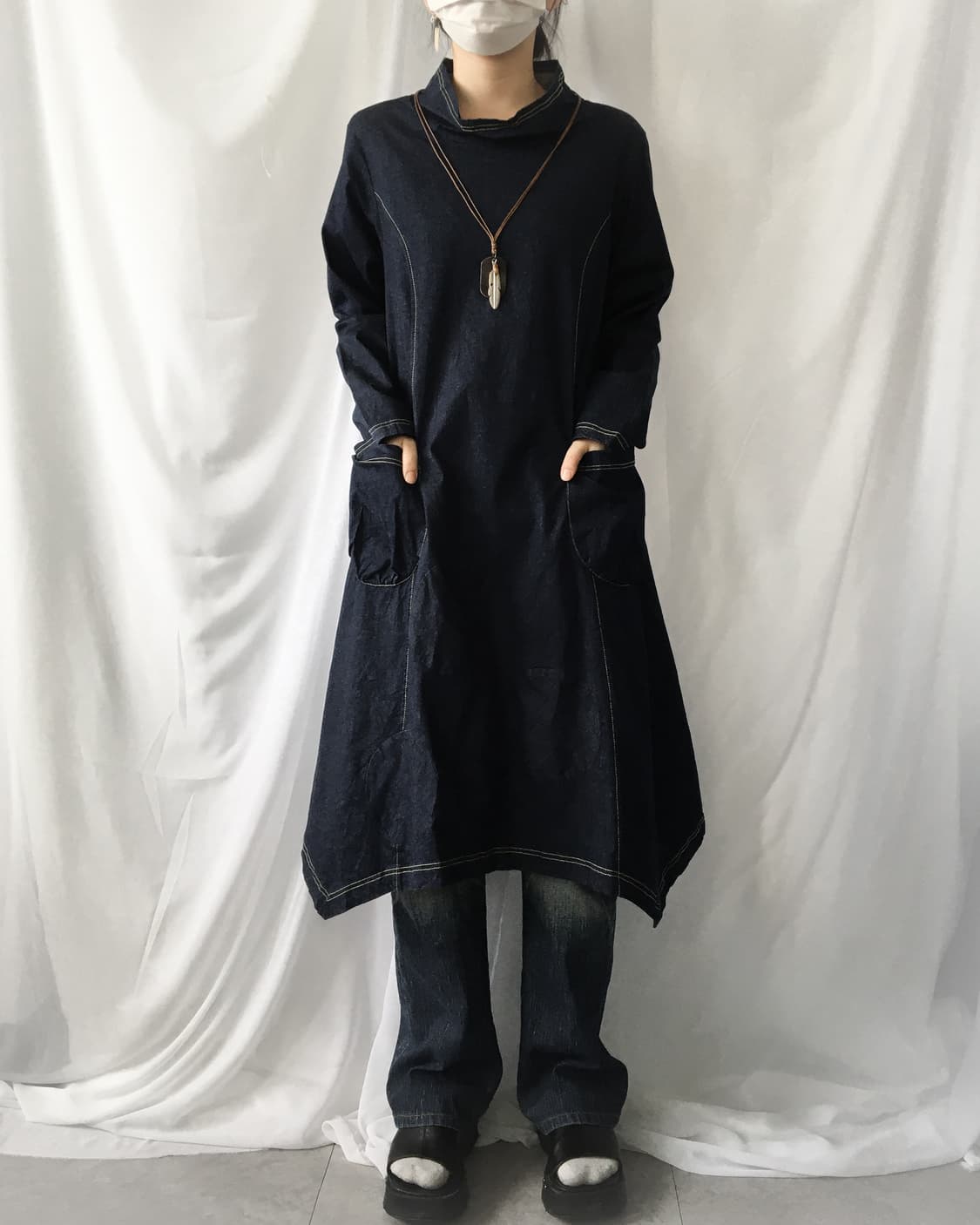High neck dot point denim onepiece 상품이미지7
