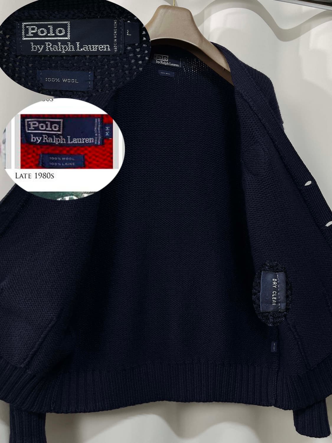 80's 폴로 랄프로렌 로얄네이비 스크래블 쉴드 우드 울 가디건 자켓 상품이미지3