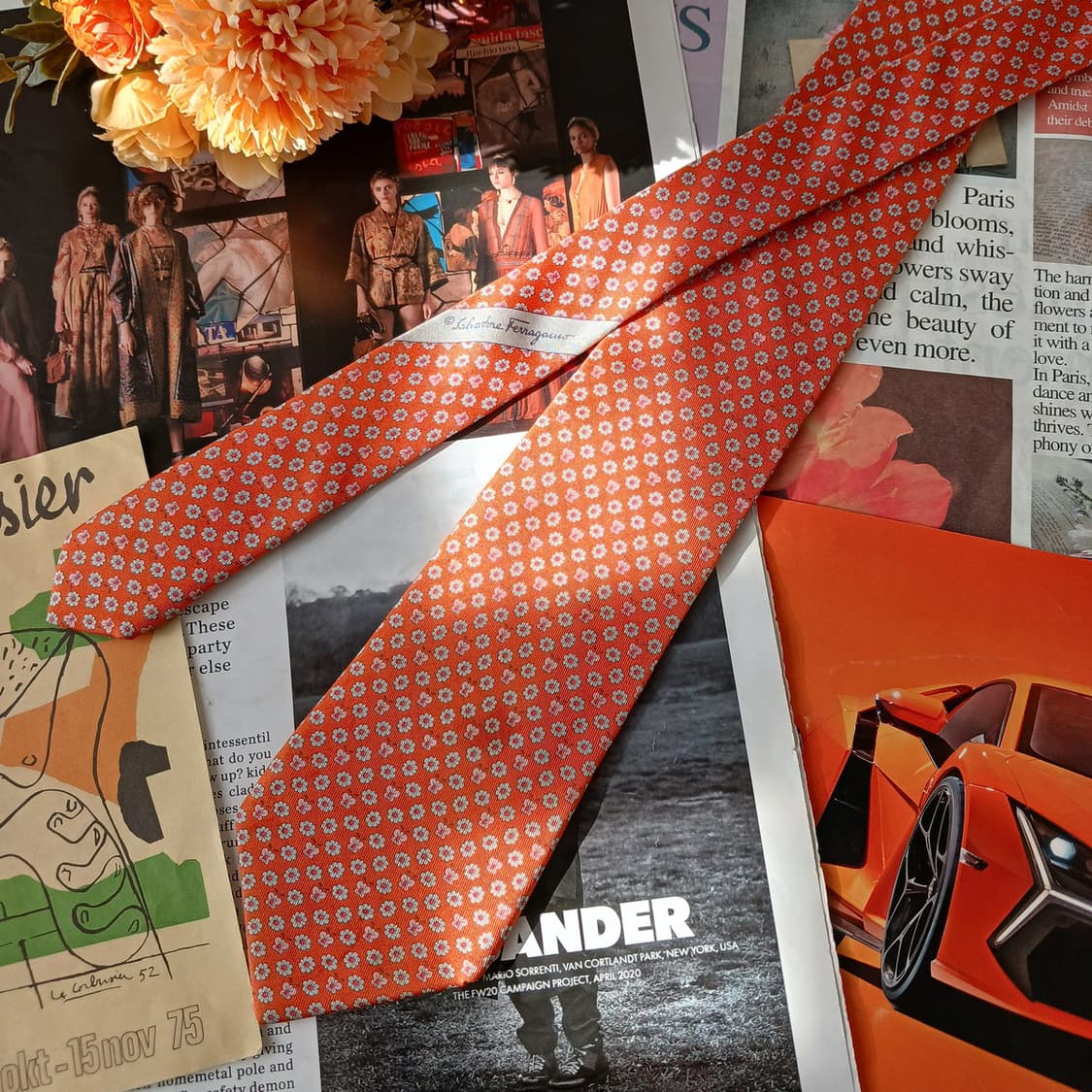 페라가모 실크 오렌지 나비 패턴 넥타이 8.8cm A등급 A19598
 상품이미지3