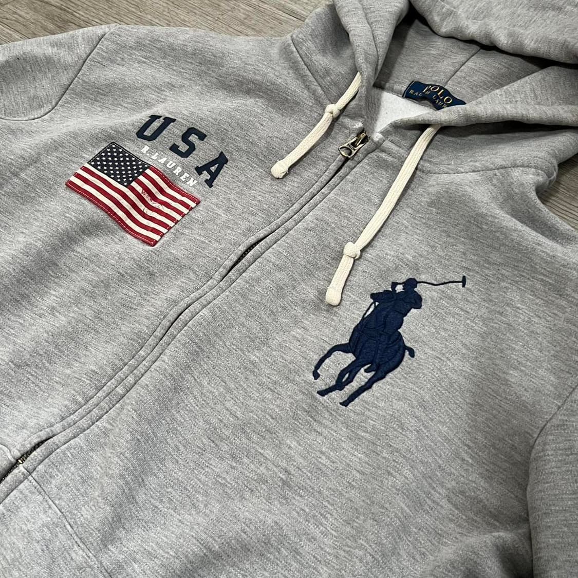 폴로 랄프로렌 빅포니 USA 성조기 패치 기모 후드 집업 그레이 상품이미지2