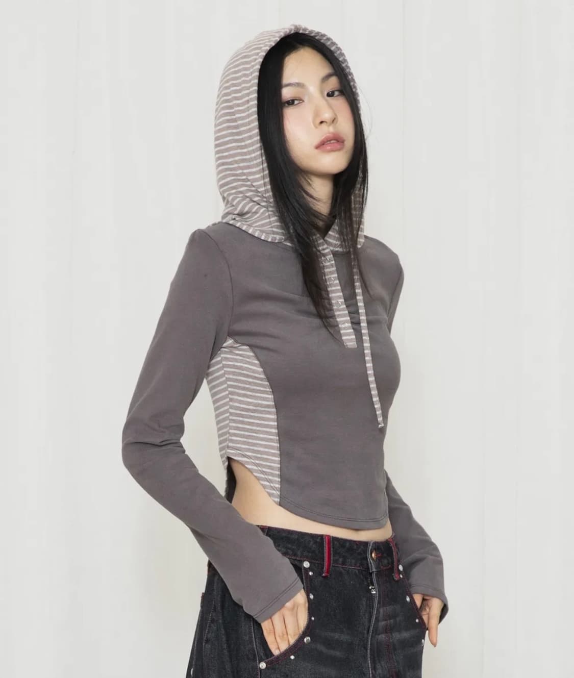 엑스톤즈우먼(루나키후) 셔링 스트라이프 배색 후드 상품이미지2