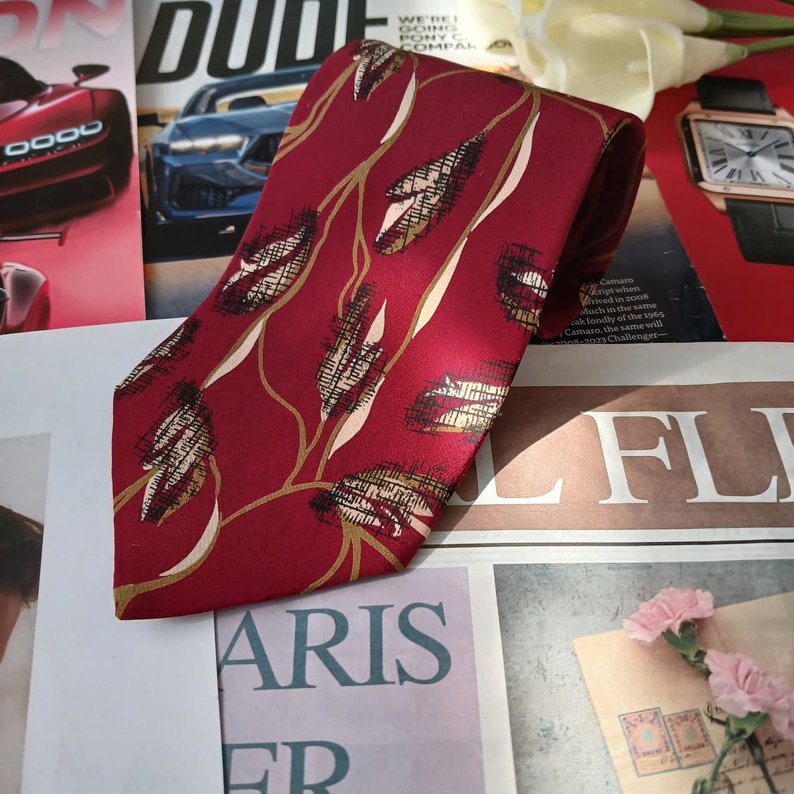 로메오 피티 실크 버건디 리프 패턴 넥타이 9.3cm A등급 A18936 상품이미지1