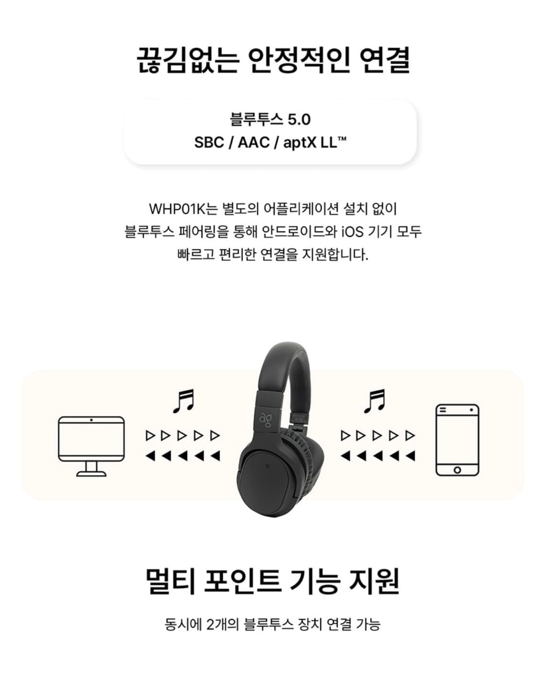 AG 에이지 WHP01K 블루투스 노이즈 캔슬링 헤드폰 상품이미지10
