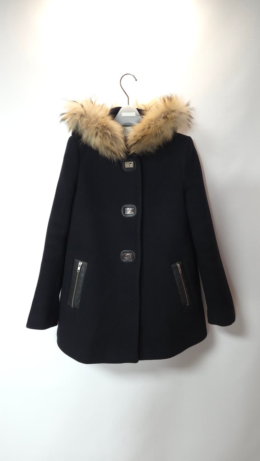 산드로 라쿤퍼 후드 양가죽 배색 울코트 36 사이즈 상품이미지2