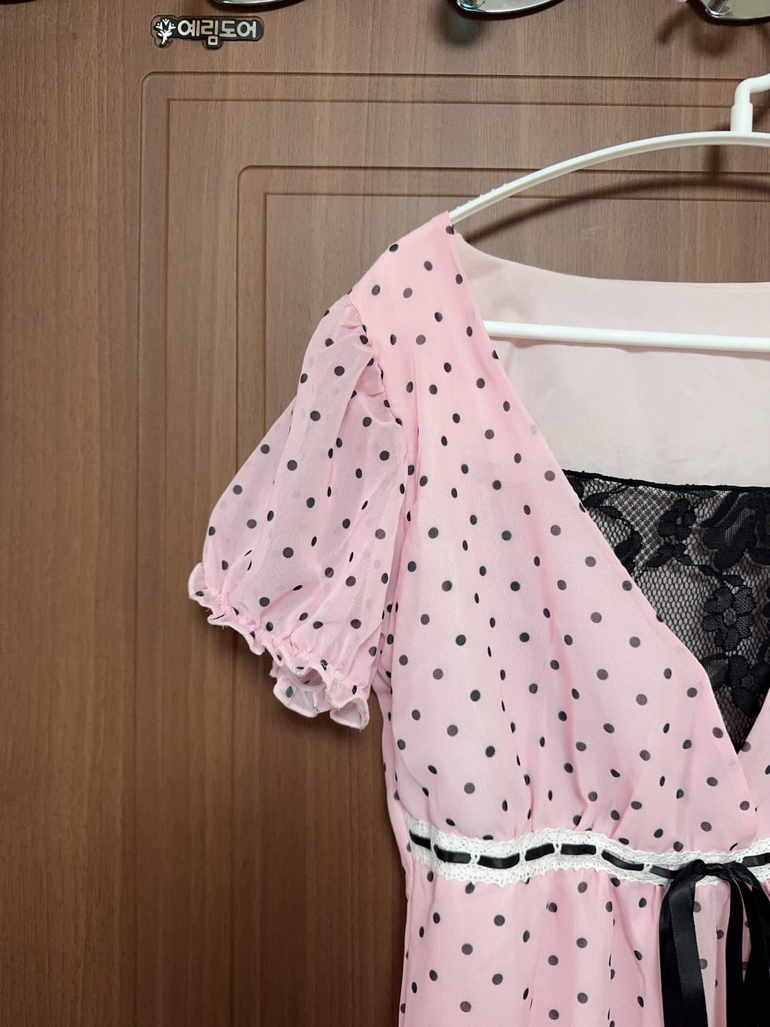빈티지 오네 갸루 양산형 핑크 도트 레이스 프릴 리본 원피스 상품이미지2