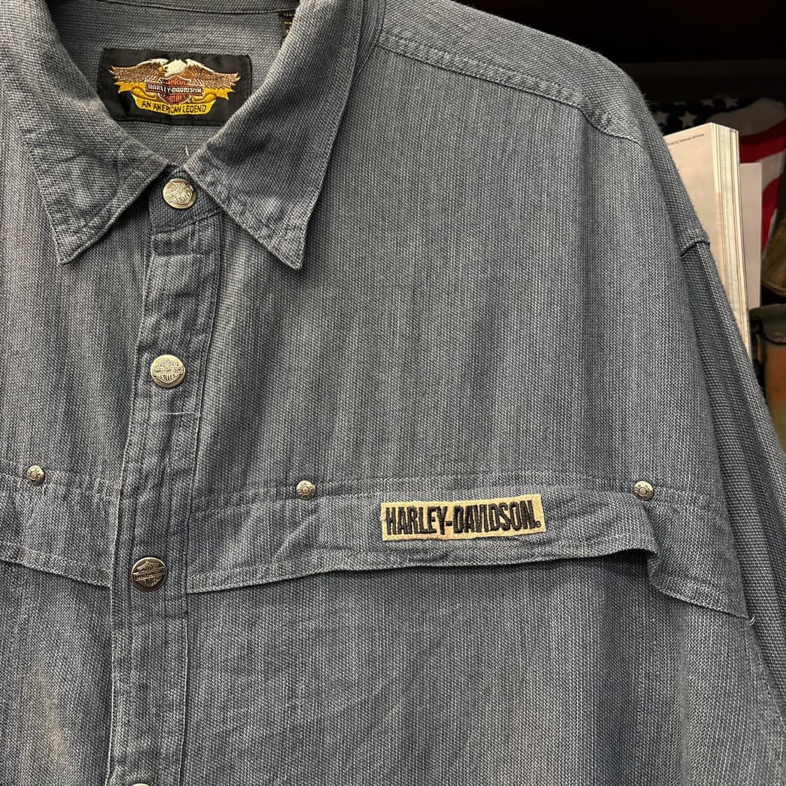 90s 할리데이비슨 듀얼지퍼 메탈버튼 샴브레이 워크셔츠 N199 상품이미지3