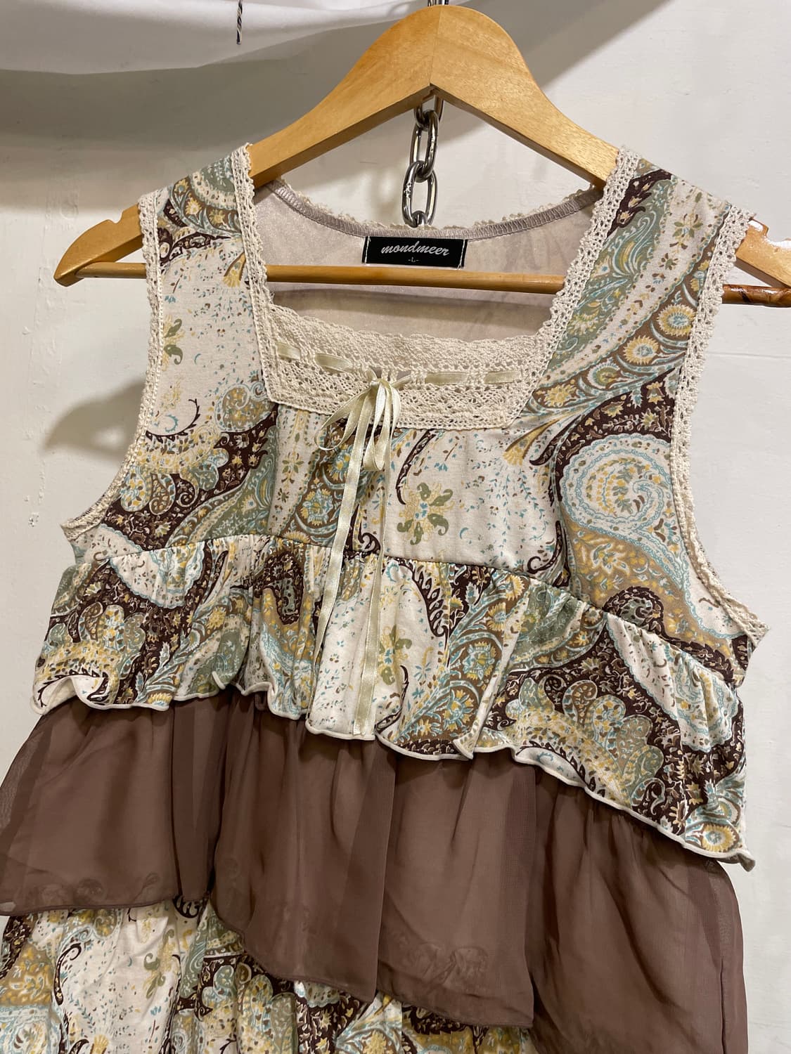 에스닉 패턴 리본 레이어드 브라운 슬리브리스 히피 모리 상품이미지2