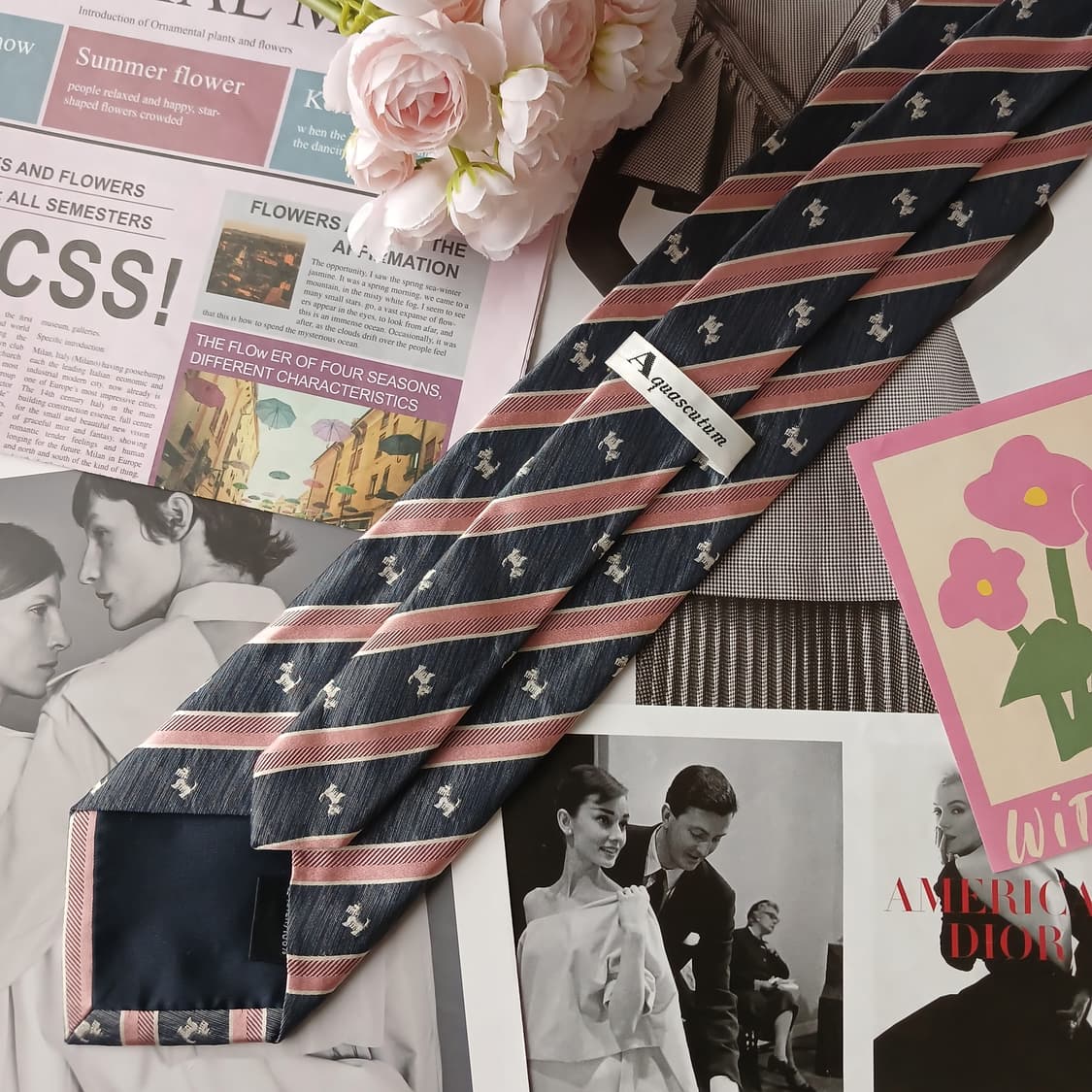 아쿠아스큐텀 스트라이프 강아지 자수 넥타이 9.4cm A등급 A19775 상품이미지5