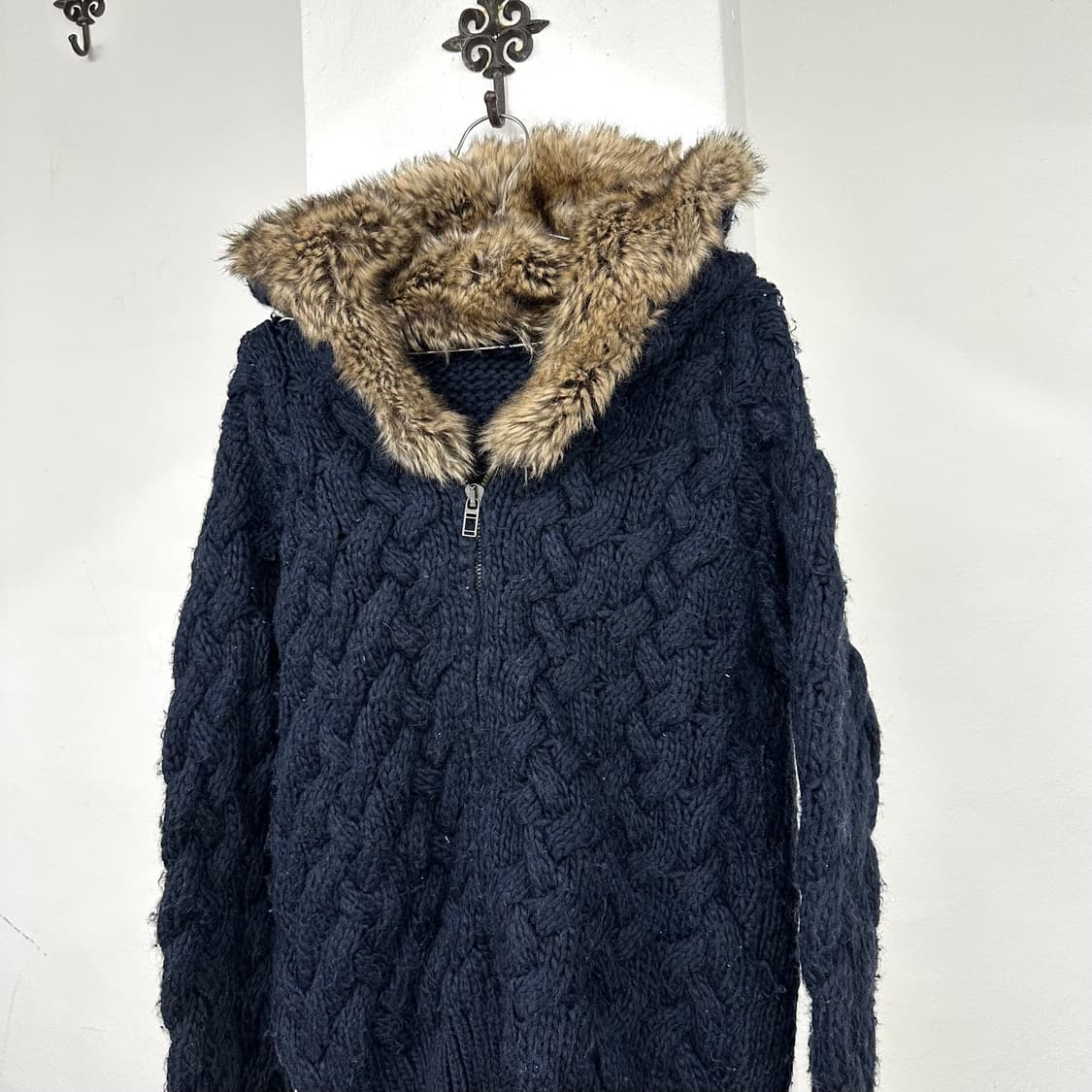 Navy knit fur hood jacket 상품이미지4