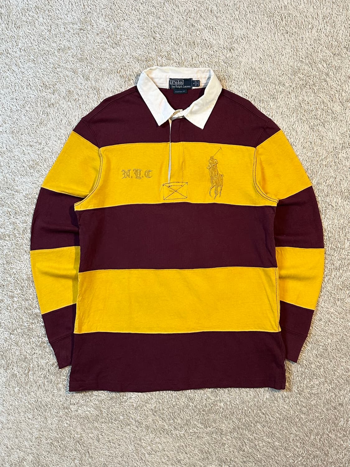 90's 폴로 랄프로렌 골드 빅포니 스트라이프 럭비티 버건디옐로우 상품이미지1