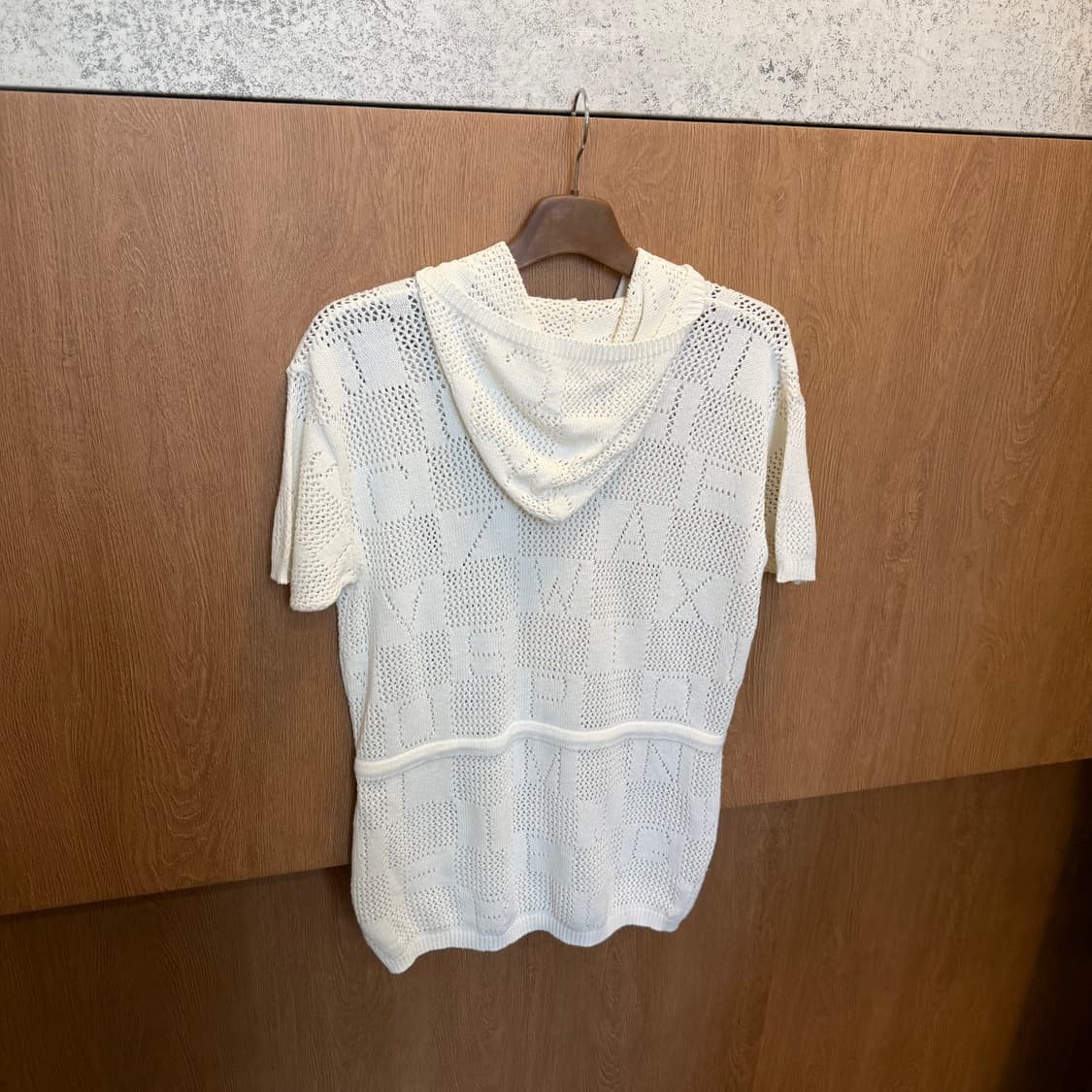 빈티지 반팔 니트 후드 집업 메쉬 레터링 드로우 스트링 디테일 화이트 상품이미지2