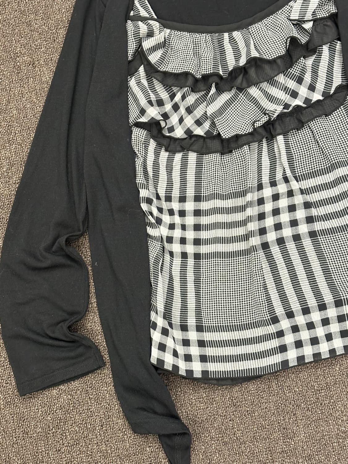 M)Japanese vintage 여성 체크 레이스 레이어드 롱슬리브 상품이미지4