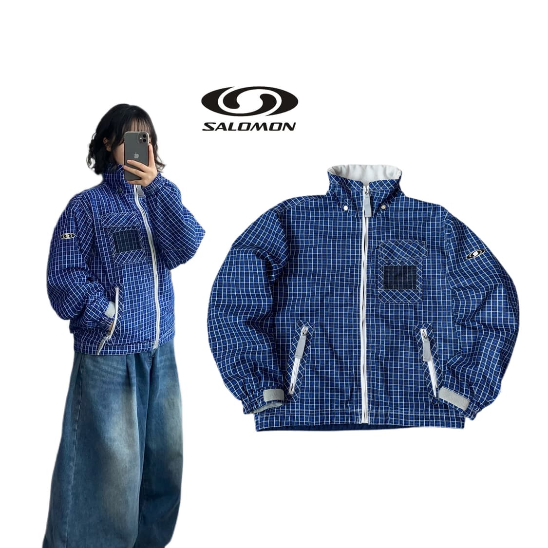 살로몬 제팬 고프코어 웜테크 체크 하이넥 풀오버 바람막이 자켓 상품이미지1