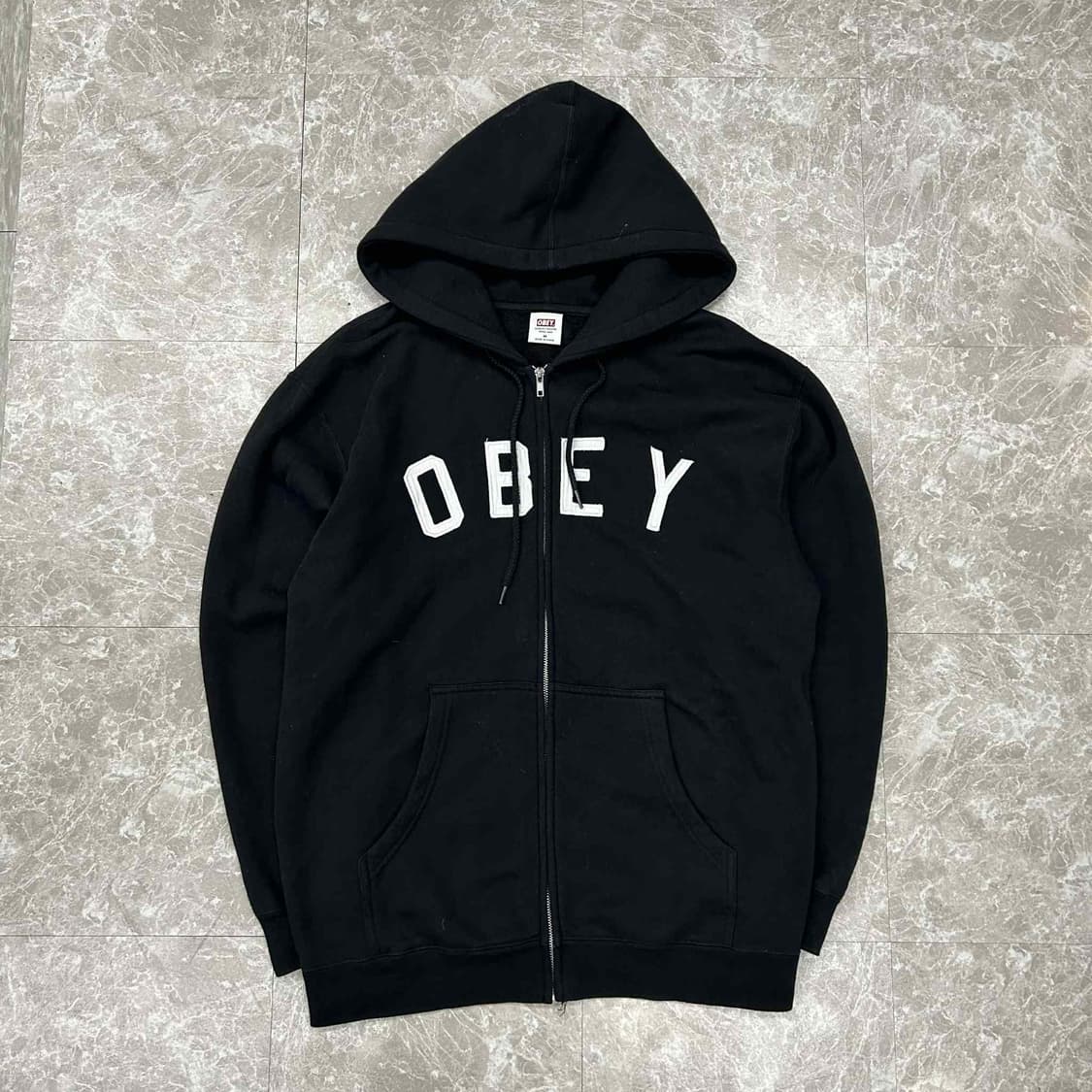 Obey 오베이 아치로고 블랙 스웻 후드집업 희귀져지(M) 상품이미지2