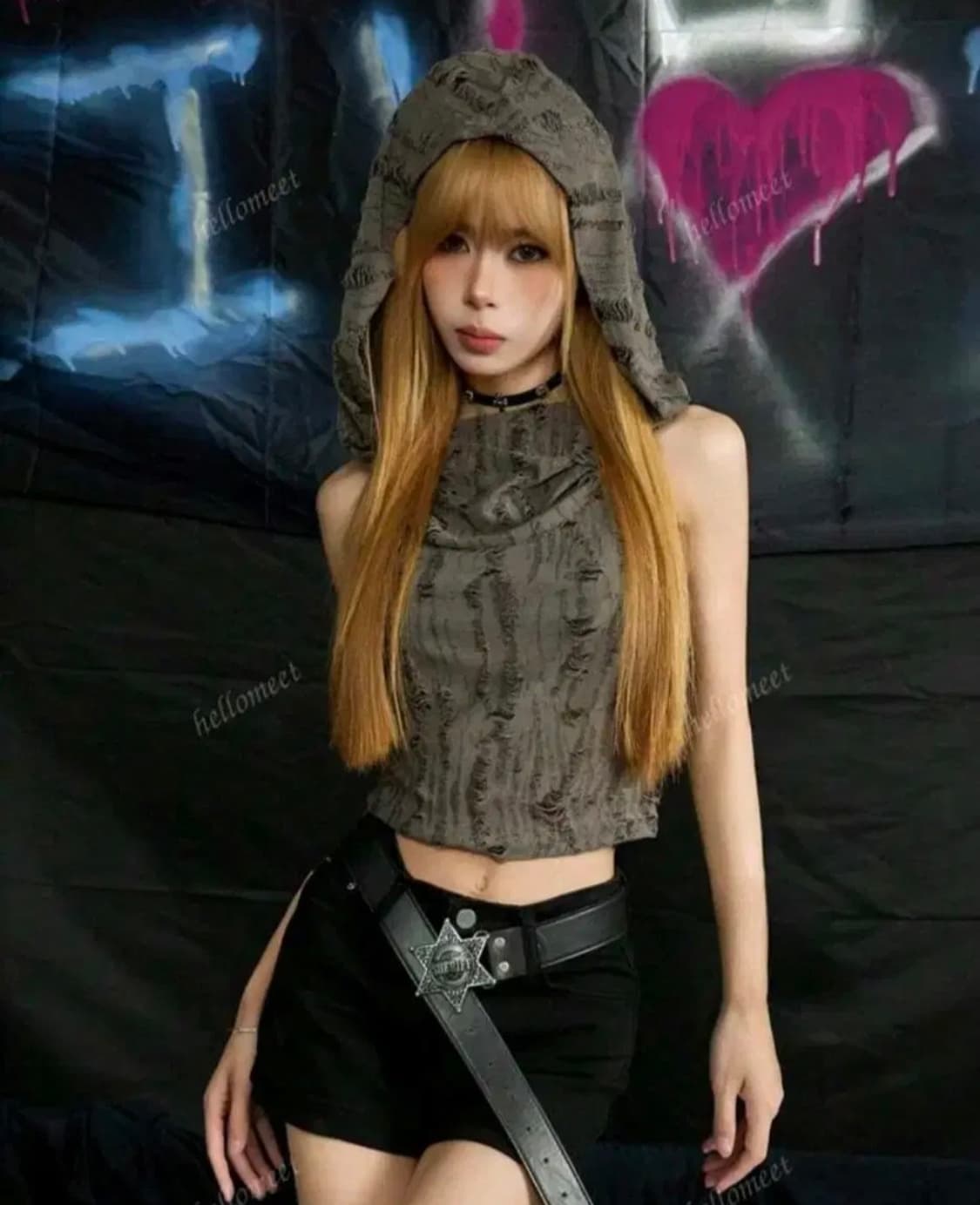 그런지 민소매 크롭 후드 탑 티셔츠 힙 스타일 상품이미지2