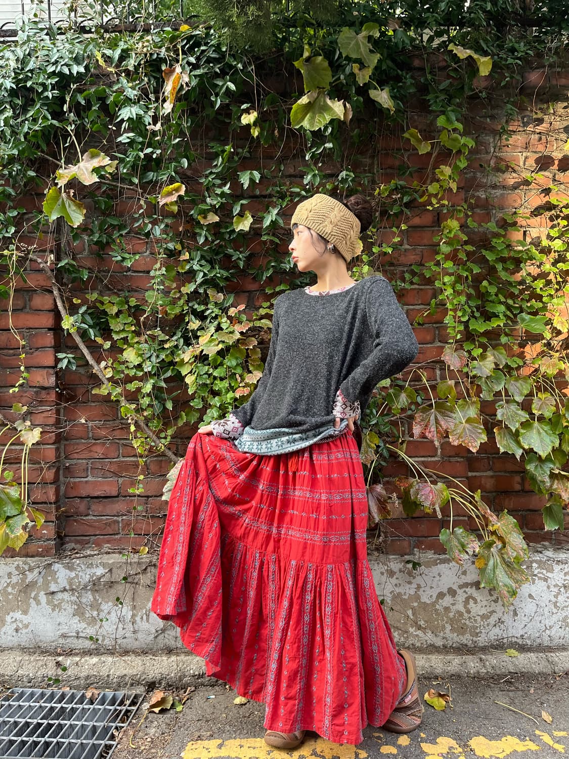 레드 히피 자수 포인트 롱스커트 상품이미지1