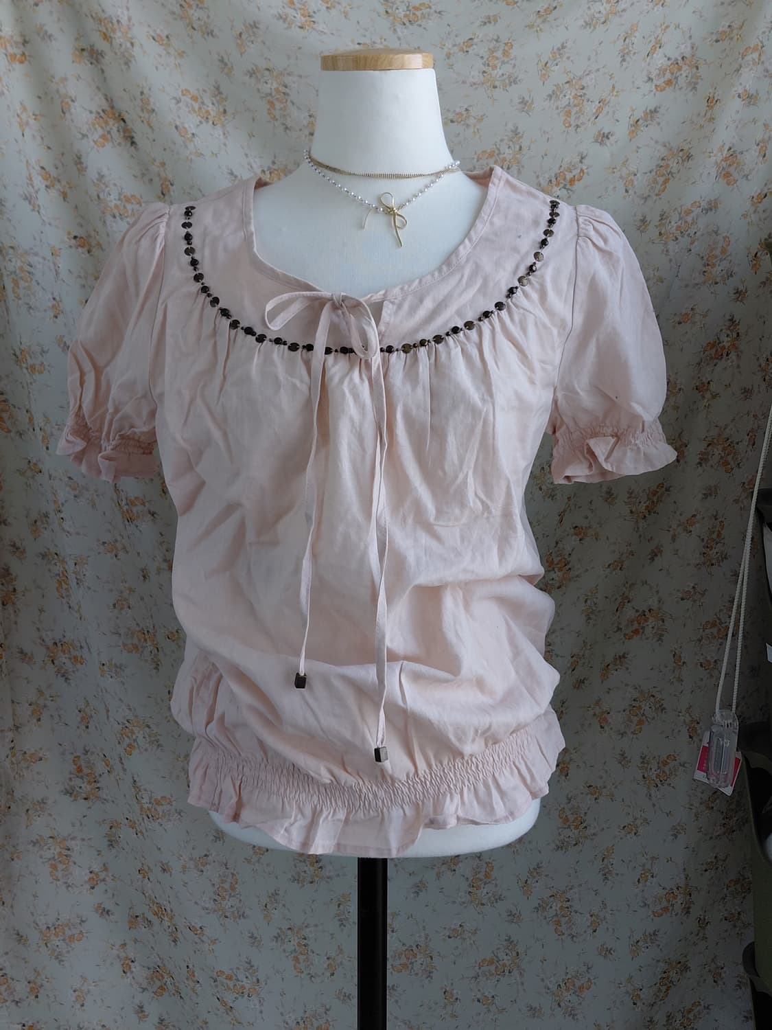 [빈티지] 여성 핑크색 블라우스 퍼프소매 셔링 Free 상품이미지1