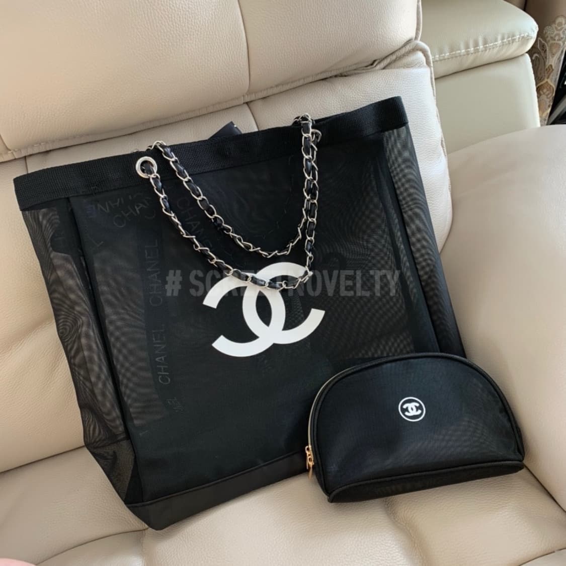 샤넬뷰티 메쉬 비치백 실버체인 에코백&파우치 세트 상품이미지6
