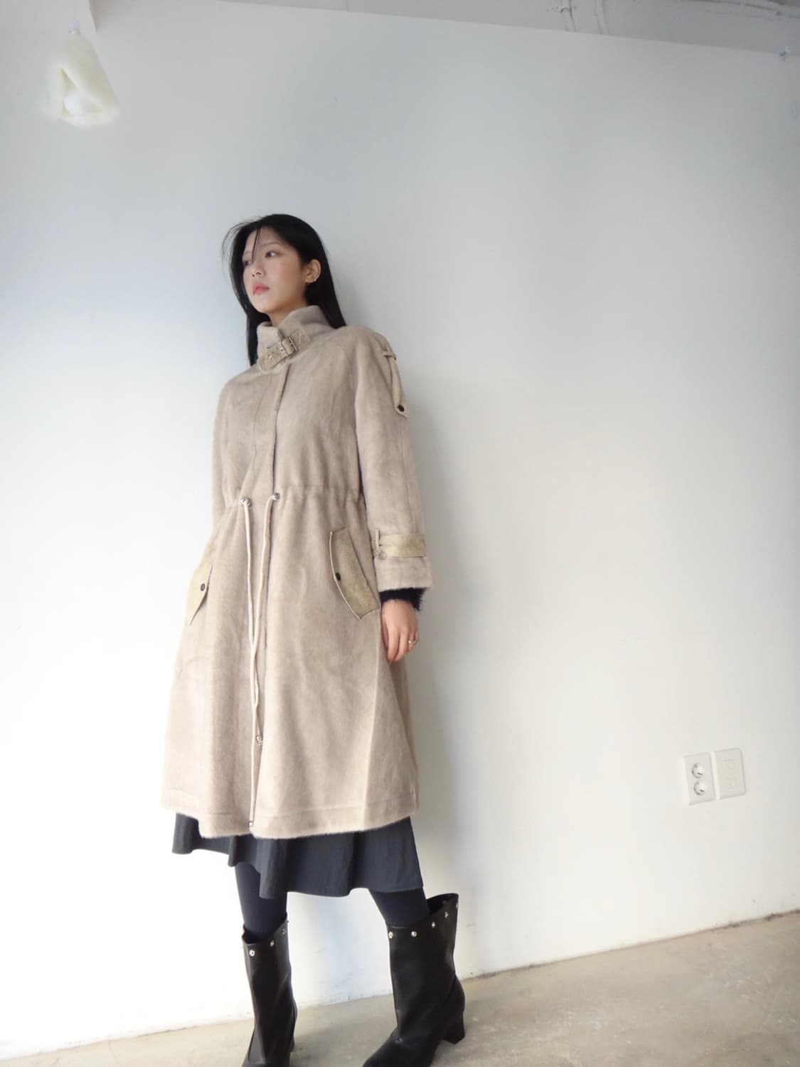Suede & soft fur mix high neck long coat 상품이미지3