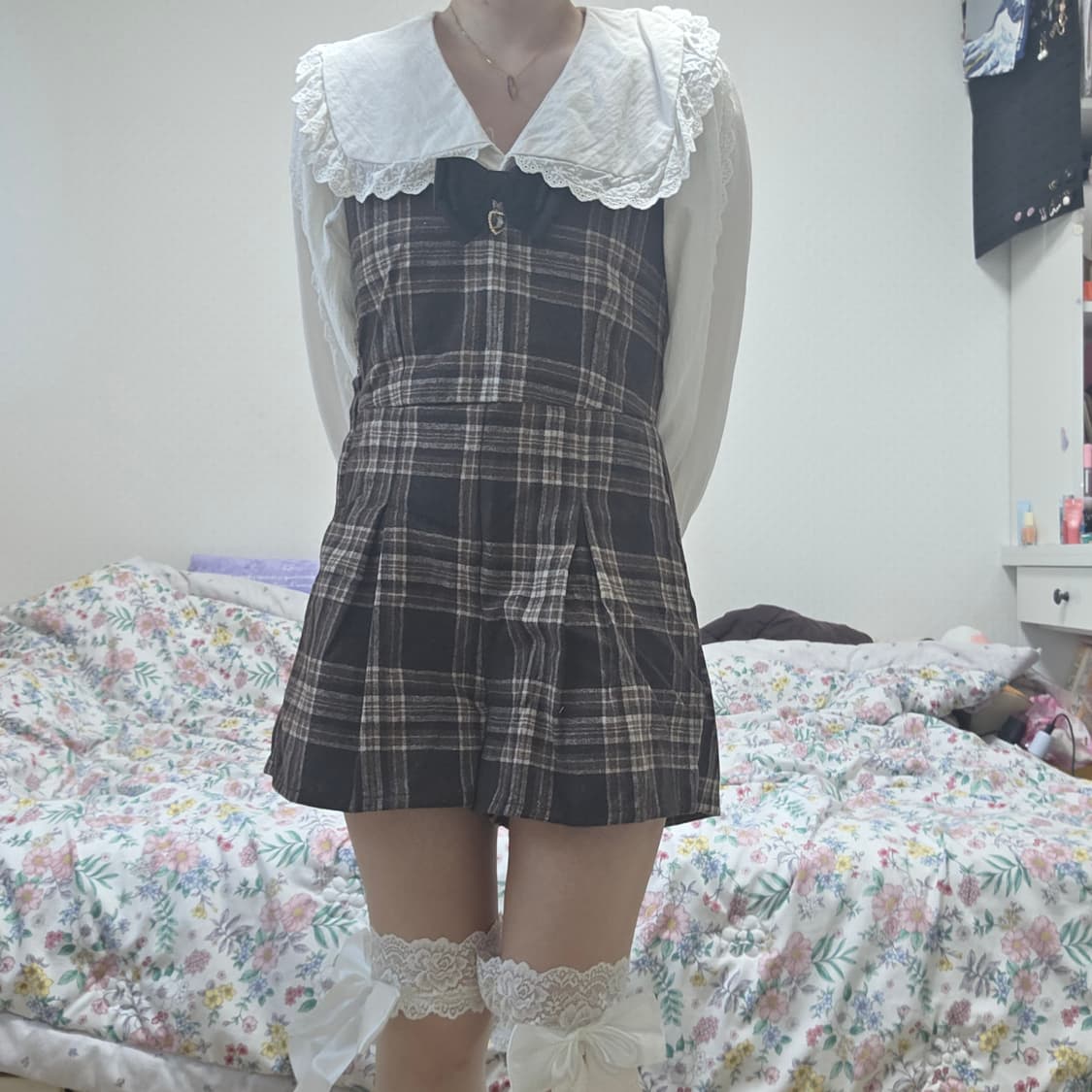 리즈리사 일본빈티지)초코라떼히메갸루st 로맨틱 브라운체크 올인원 상품이미지2