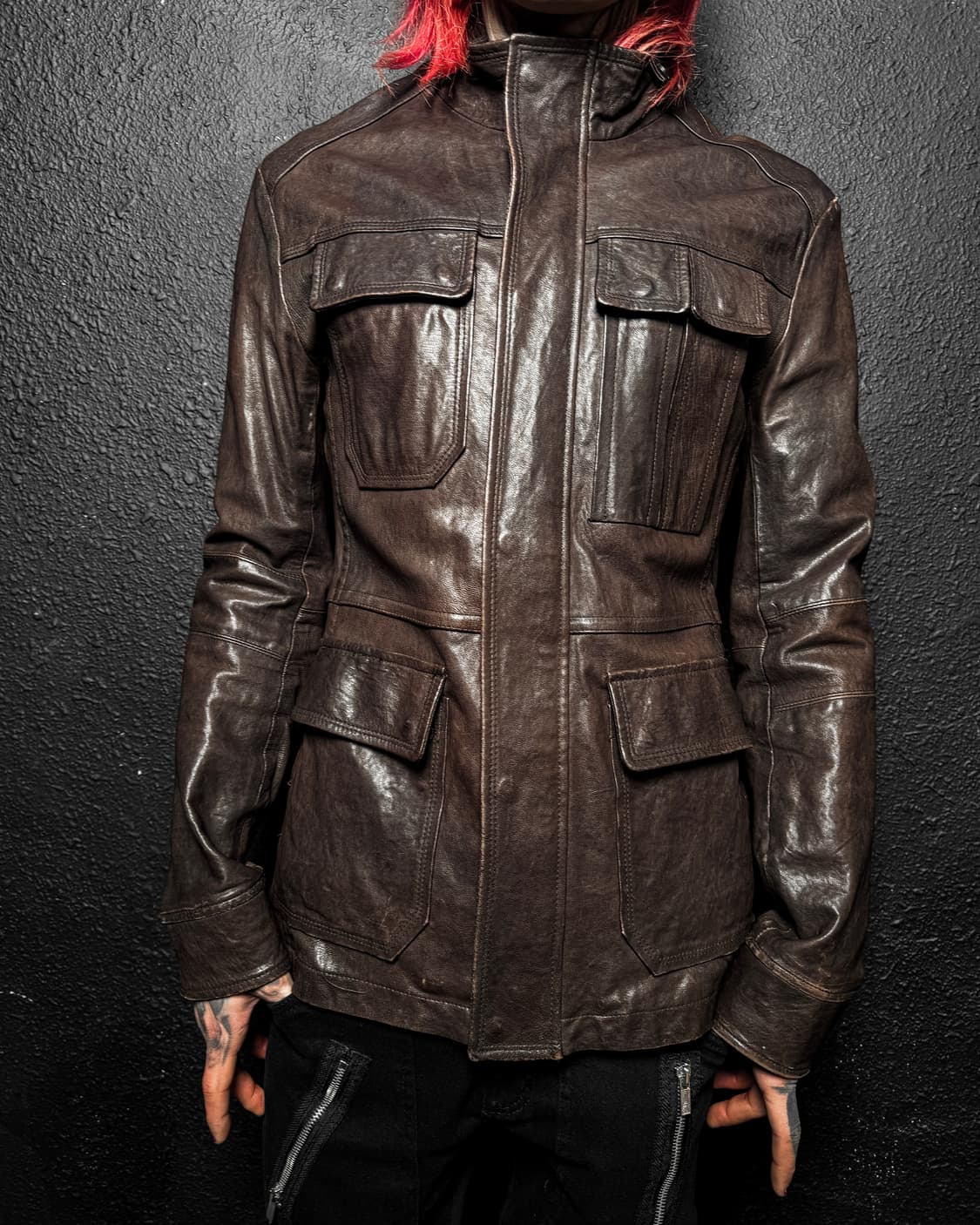 Brown Multi Pocket Leather Jacket 상품이미지2