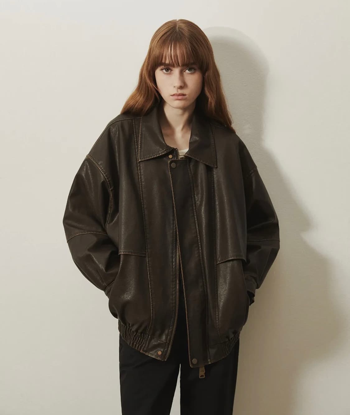 레이디볼륨 빈티지 코팅 레더 자켓 브라운 상품이미지1