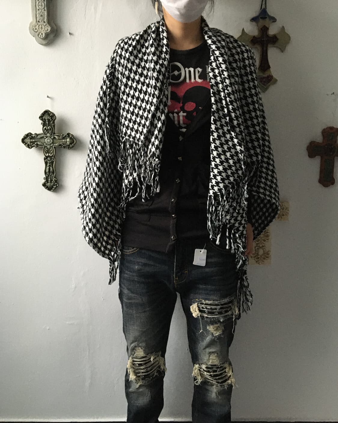 Hound tooth pattern fringe cape 상품이미지5