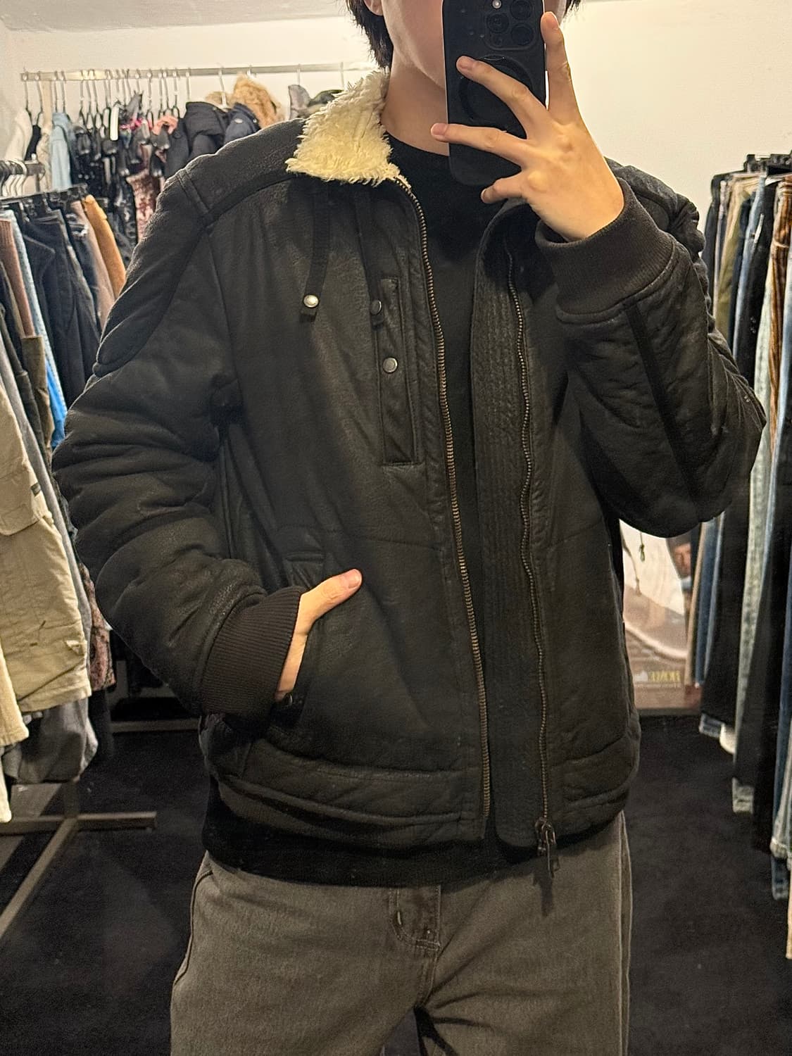 아르마니 익스체인지 알마니 털 무스탕 블랙 라이더 바이커 쉐르파 스웨이드 상품이미지1