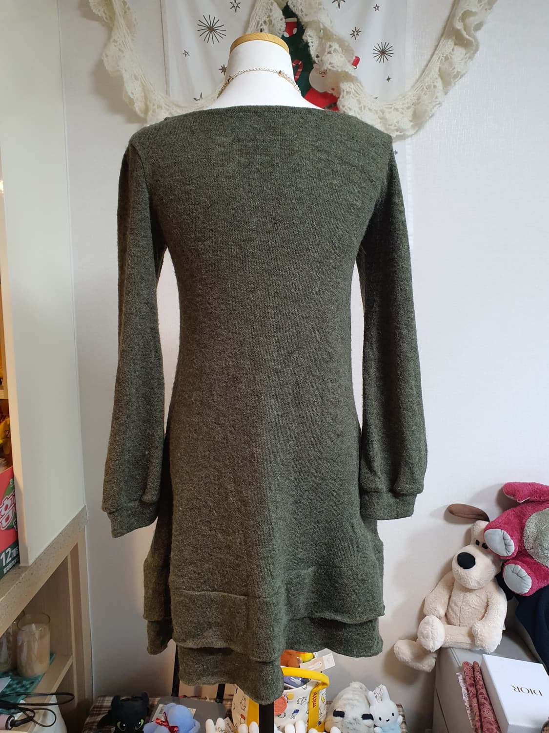 [모리걸] 니트 원피스 카키색 레이스 장식 상품이미지3