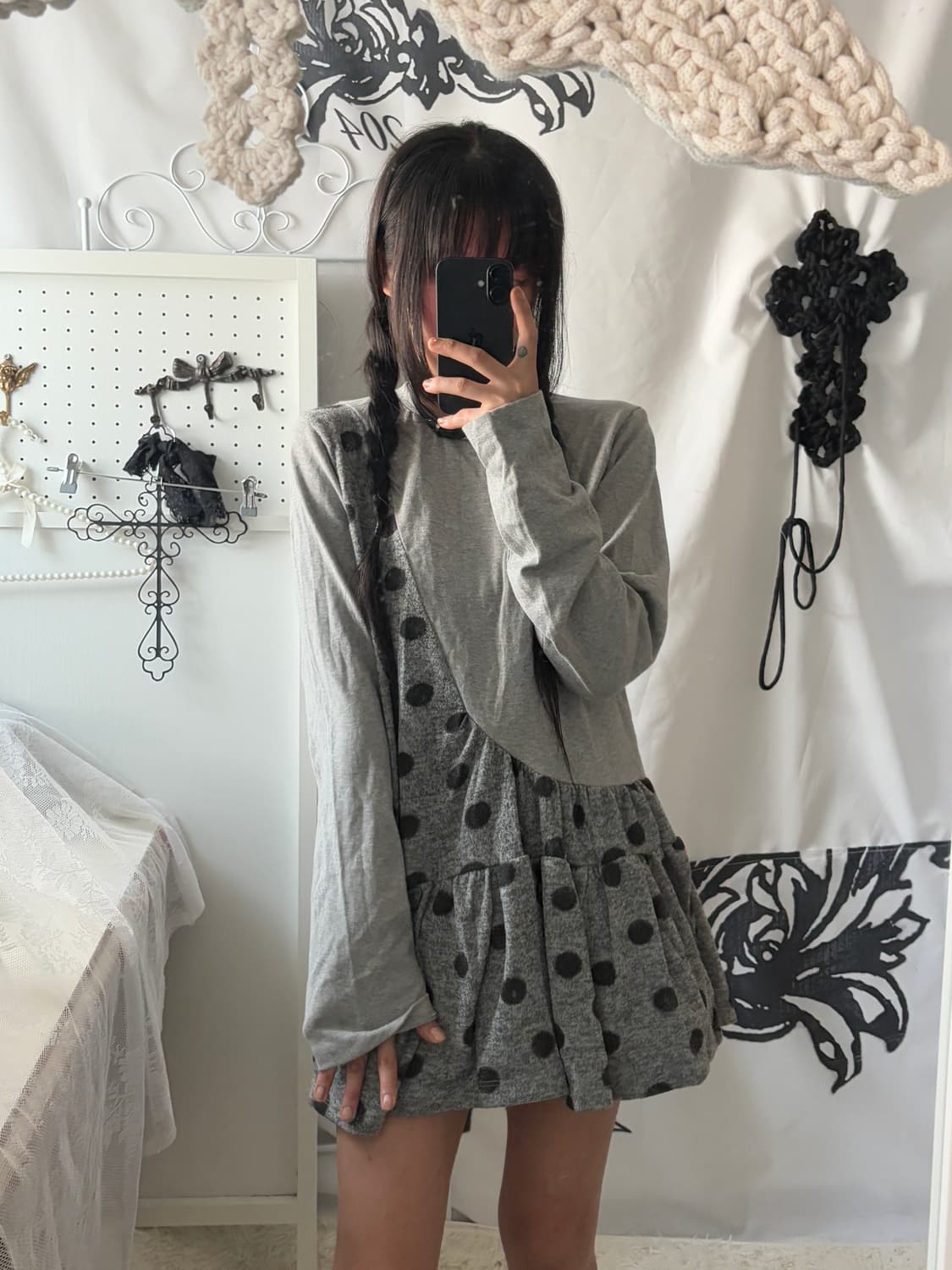 • gray dot frill mini-one-piece dress sl 상품이미지5