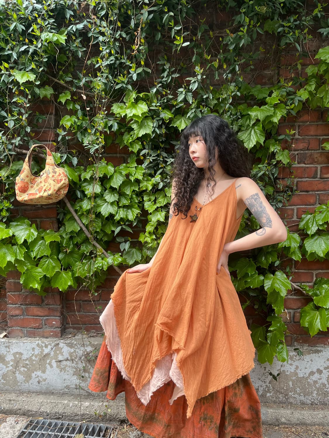 히피 오렌지 코랄 언발 레이어드 원피스 상품이미지1