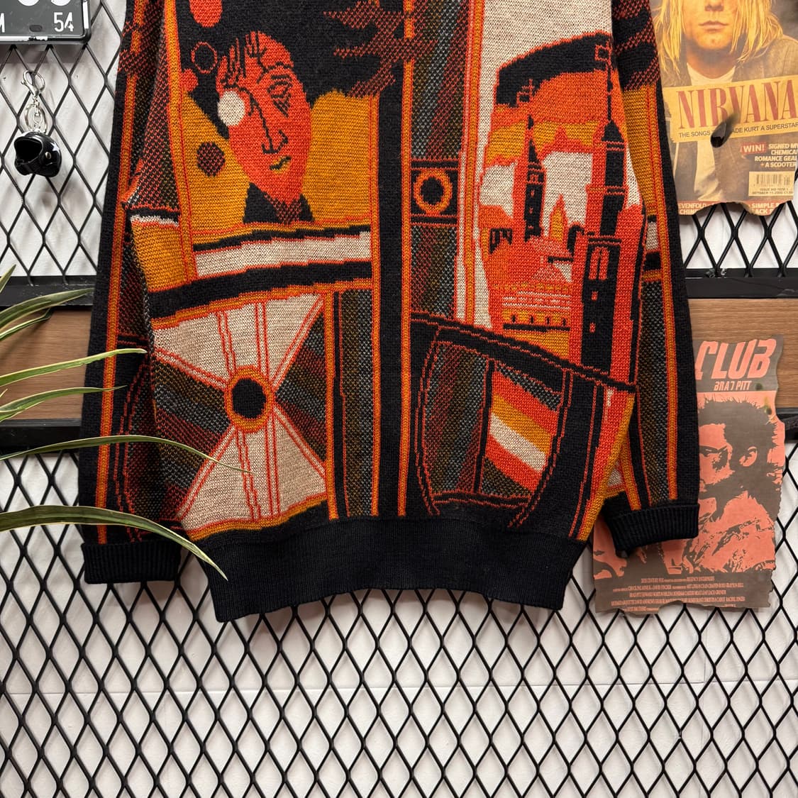 90s USA VINTAGE 울 니트 초상화 아트 그래픽 스웨터 오렌지 상품이미지4