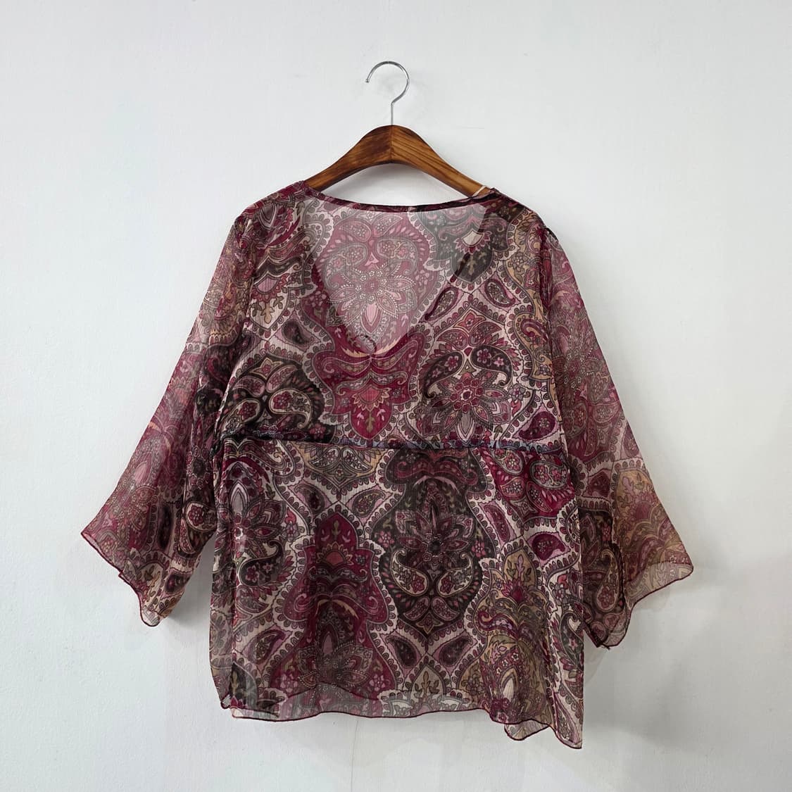 보헤미안 와인 페이즐리 쉬폰 리본 블라우스 일본빈티지 상품이미지2