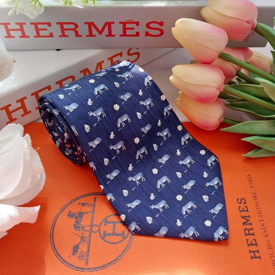 에르메스 네이비 동물 모티브 넥타이 9.5cm A+~A등급 K2467
 상품이미지3