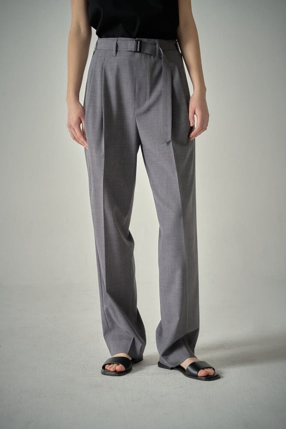 [XS] 파사드패턴 썸머울 벨티드 팬츠 차콜 상품이미지1