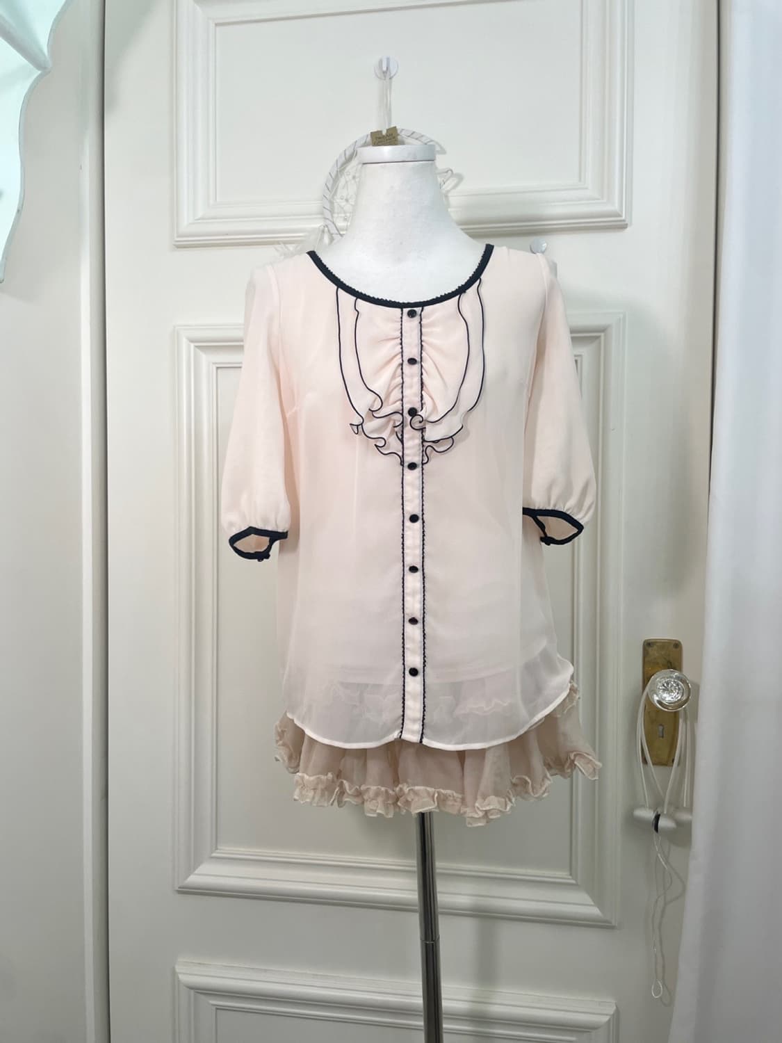 sheer pink black line ruffle blouse 상품이미지1