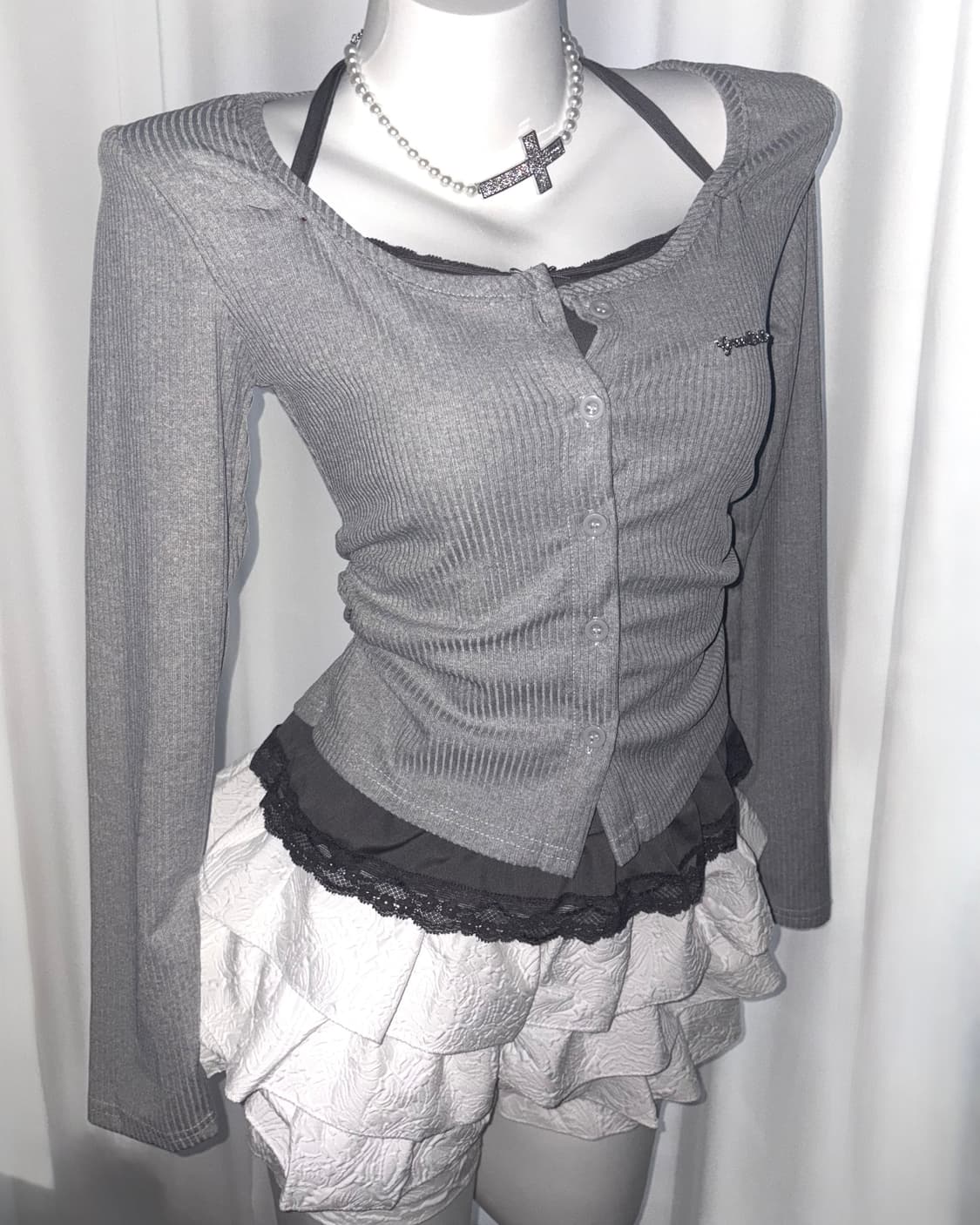 [hina lace T] 레이스 레이어드 홀터넥 긴팔 티셔츠 블라우스 상품이미지2