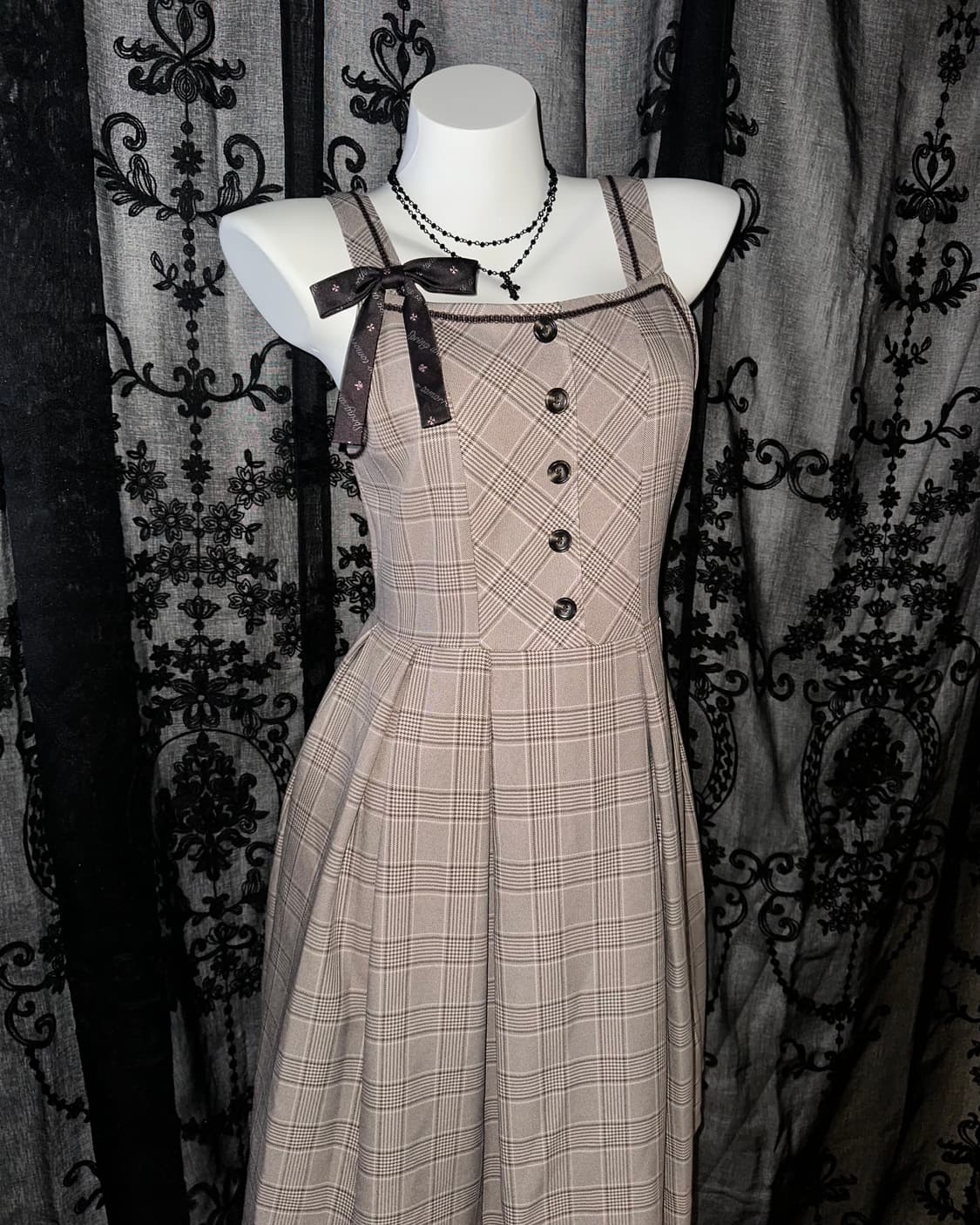 brown checkered ribbon dress 상품이미지2