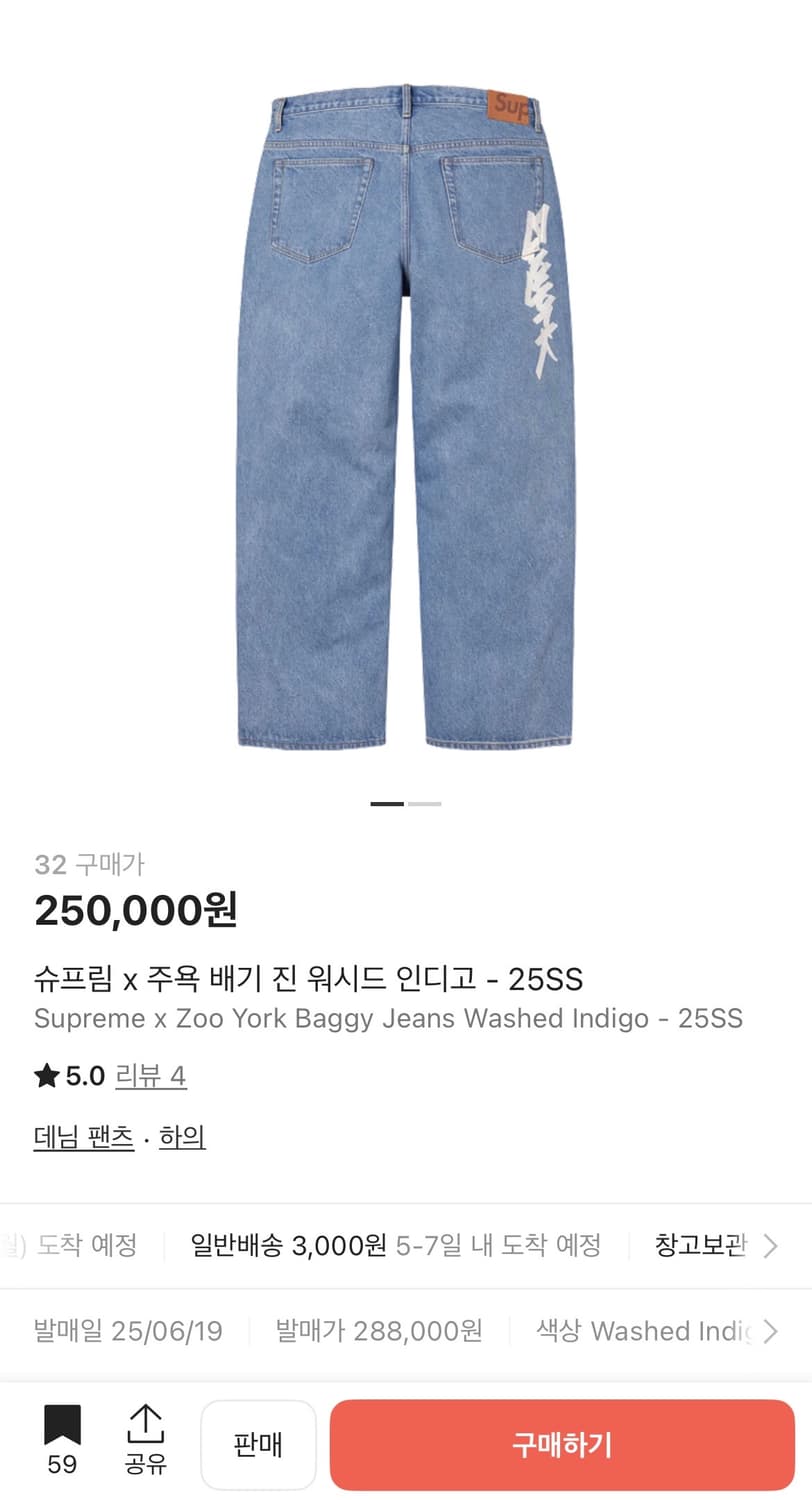 슈프림 x 주욕 배기 진 워시드 인디고 30  상품이미지1