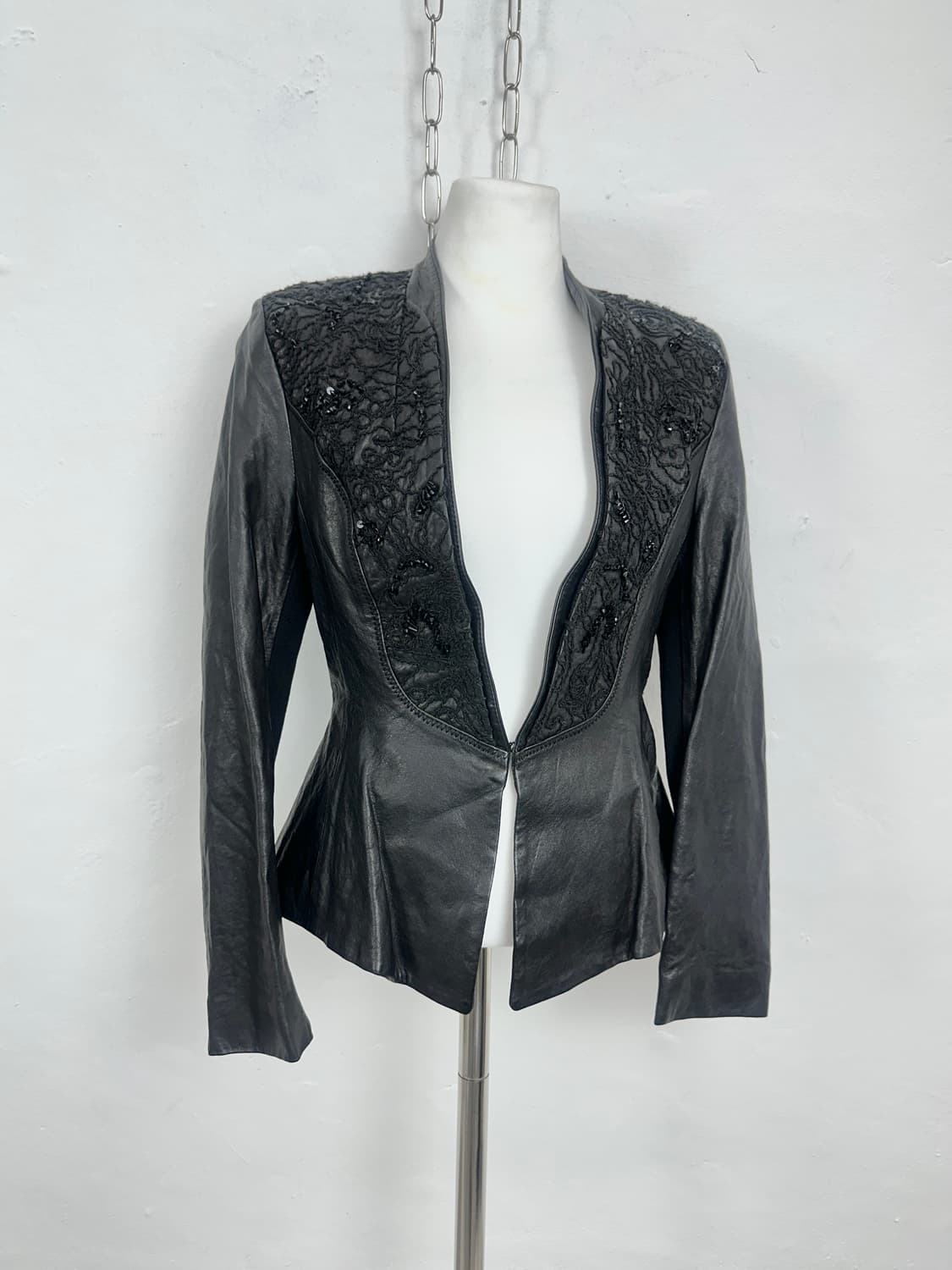 Beaded Lambskin Panel Leather Jacket 상품이미지1